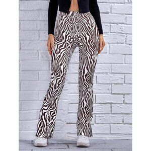 Shein Split Hem Zebra Lounge Pants Brown White Elastic Waist Size S Small